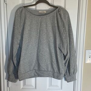 Loft sweater, heathered gray with pearl accent on the puff sleeves, size large